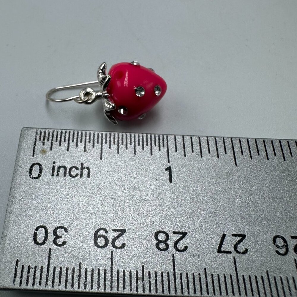 3/$30 Strawberry Dangle Earrings Pink Silver Tone Rhinestone Accents Fruit - Picture 9 of 11